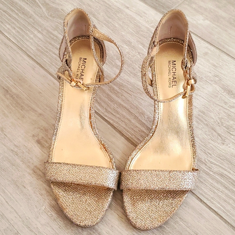 Michael Kors Ava Size Sand Glitter Mid-Heel Sandals Shoes W/Ankle Strap - Picture 5 of 16